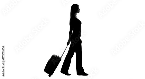 A woman walks with a suitcase in a travel setting outdoors.