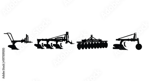 A set of farming equipment silhouettes on a white background