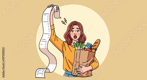 Woman excitedly holds grocery receipt and bag with food items in hand indoors