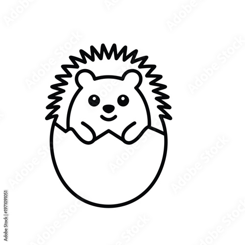 A cute cartoon hedgehog emerging from an eggshell smiling