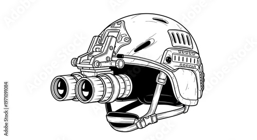 A futuristic military helmet with night vision goggles is shown in detailed illustration.