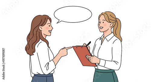 Two women in business attire engage in conversation with a clipboard and speech bubble in an office setting.