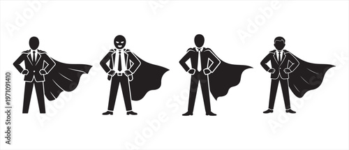 Business people in suits with superhero capes standing confidently on white background.