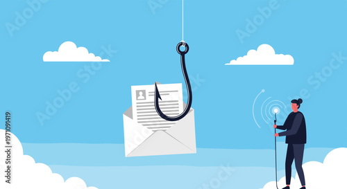 Conceptual illustration of an email phishing scam with a large fishing hook catching a private document inside an open white envelope.
