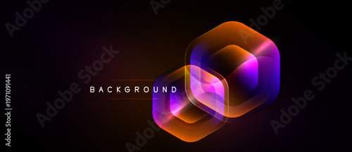 Abstract hexagon layers overlap, creating vibrant orange, purple glow. Dark background enhances luminosity, modern design element.