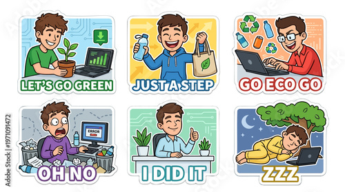 Young Man Character Eco Friendly Lifestyle Sticker Set for Environmental Awareness Showing Sustainable Habits from Planting Trees and Recycling to Reducing Plastic Waste and Successful Green Living