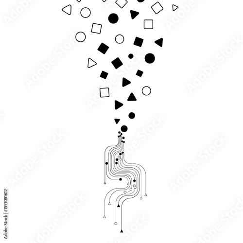 Black and white geometric shapes floating.