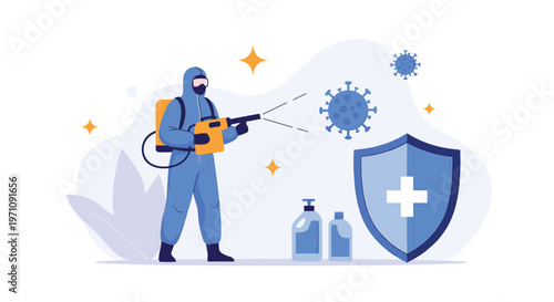 Health professional in a blue protective suit spraying disinfectant next to a large medical safety shield and various cleaning products.