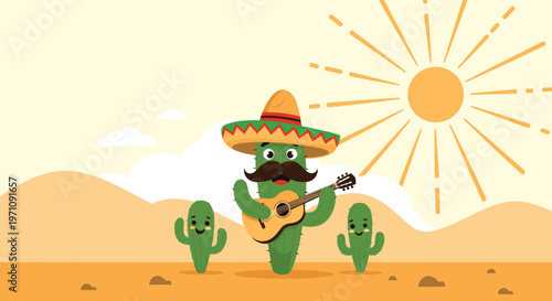 Fun cartoon cactus character wearing a colorful sombrero and playing an acoustic guitar in a desert landscape under a bright sun.