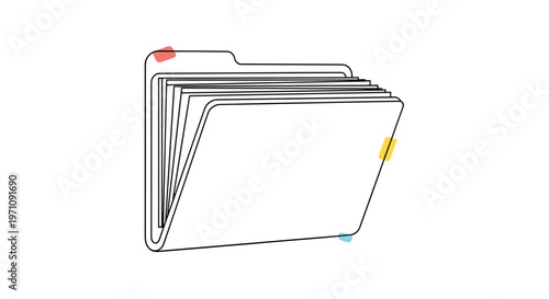 Simple line drawing of an open office file folder containing several white documents with small colorful labels on a clean background.