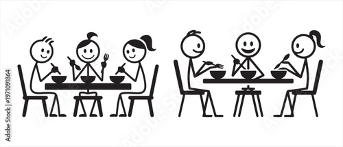 Group of Stick Figures Eating Together at Tables Simple Black and White Dinner Illustration.