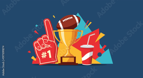 Collection of sports fan items including a red foam finger, gold trophy cup, an American football, and a soft drink for celebration.