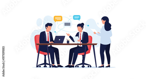 Two business colleagues discussing projects at a desk while a third person stands nearby in a modern collaborative office workspace.