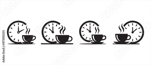 Coffee Break Time Icons. Steaming Cups and Clocks in Minimalist Black and White Vector Graphic.