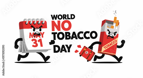 Tableau sur toile May 31 calendar character chasing away cigarette pack for World No Tobacco Day with bold red colors and flat vector texture for public health awareness campaigns