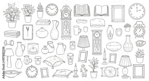 Collection of various home decor items and accessories in a sketch style.