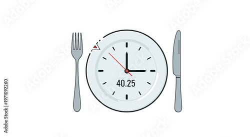 Conceptual clock design integrated into a white dinner plate with a fork and knife representing meal timing or dieting schedules.