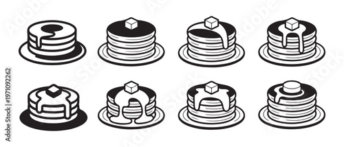 Isometric Black and White Pancake Stacks with Various Toppings on Plates, Vector Food Icons Illustration.