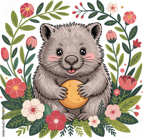 Cute Wombat Flowers and Leaves, Stock Illustration