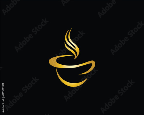 Minimalist gold coffee cup icon with rising steam swirls isolated on a premium black background.