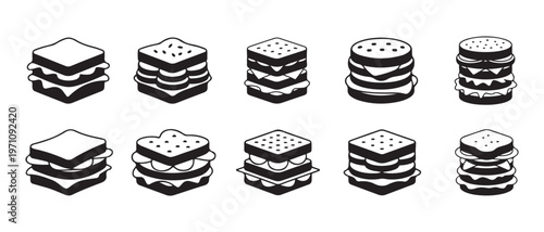 Isometric Black and White Pancake Stacks with Various Toppings on Plates, Vector Food Icons Illustration.