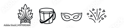 Carnival and festival icons icon set. feather headdress, marching drum, masquerade mask, confetti, celebration, costume, music. 