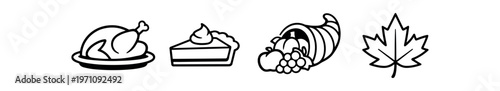 Thanksgiving and harvest icons set. roast turkey, pie slice, cornucopia, maple leaf, autumn, celebration. line and flat vector icon set.