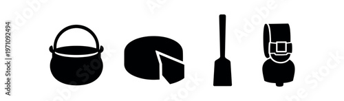 Cooking and travel icons icon set. cauldron, cheese wedge, spatula, backpack, kitchen, camping, food, utensil, gear. flat vector illustration.