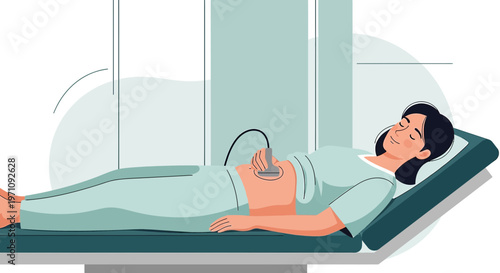 Patient undergoing medical imaging scan in clinic, diagnostic procedure