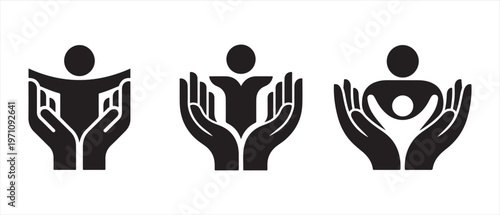 Abstract Human Figures in Cupped Hands Symbolizing Care and Protection on White Background.