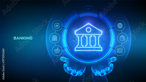 Bank icon in wireframe hands. Online banking service application. Finance and banking global internet connection. API Fintech. Financial transaction. Money transaction, e-commerce. Vector illustration