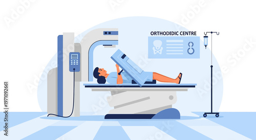 Patient undergoing medical imaging scan in orthopaedic centre with advanced technology