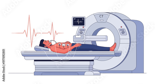 Patient undergoing CT scan with ECG monitoring for cardiac imaging and diagnosis