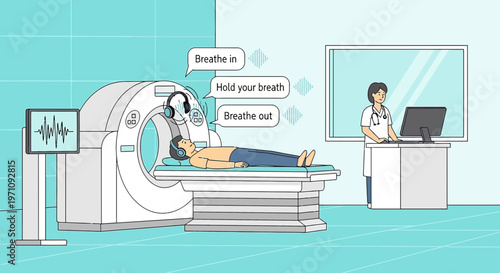 Patient undergoing CT scan with breathing instructions for accurate medical imaging.