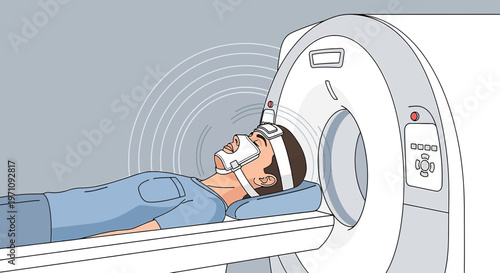 Patient undergoing CT scan with head apparatus, medical imaging technology
