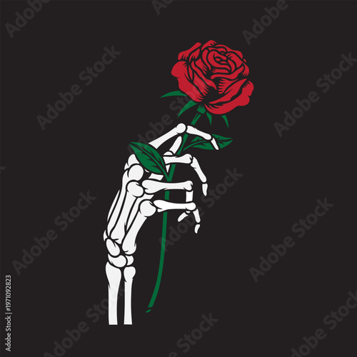 Gothic vector illustration of a skeletal hand holding a single vibrant red rose against black.