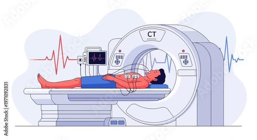 Patient undergoing CT scan with heart monitoring, medical technology illustration