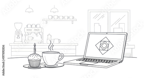 Laptop Computer on a Cafe Table.