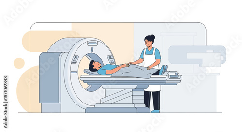 Patient Undergoing CT Scan with Medical Professional in Modern Diagnostic Room