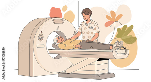 Patient undergoing CT scan with medical professional assisting, modern diagnostic technology