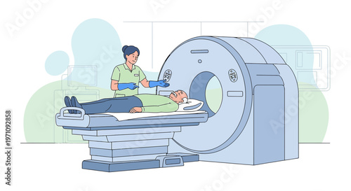 Patient undergoing CT scan with medical professional in modern diagnostic imaging center