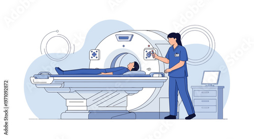 Patient undergoing CT scan with medical professional operating equipment