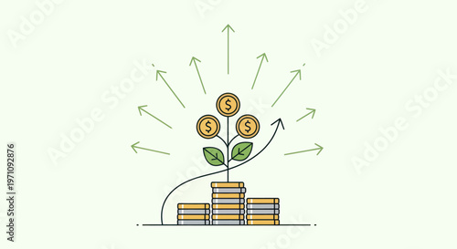 Plant growing from coin stack.