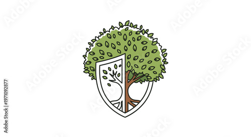 Tree logo on shield emblem symbol.