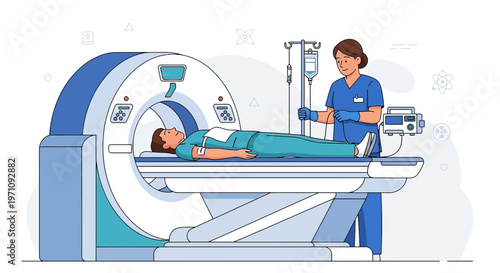 Patient undergoing CT scan with nurse monitoring, modern medical equipment, healthcare concept