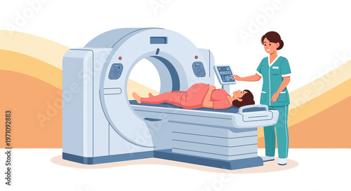 Patient undergoing CT scan with medical professional overseeing procedure