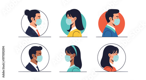 Series of six profile portraits showing diverse men and women wearing light blue protective face masks for health and safety in public.