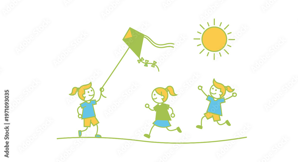 Fototapeta premium Children playing with green kite outdoors.