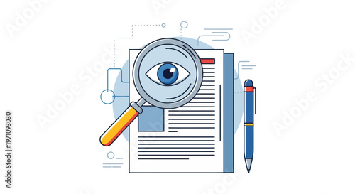 Magnifying glass over document with eye.