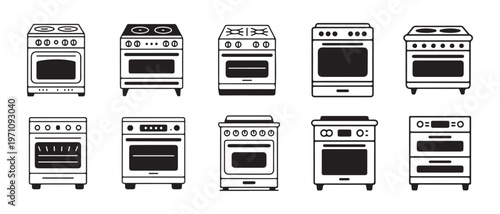 Collection of Modern and Vintage Stove and Oven Icons, Isolated on White Background.
